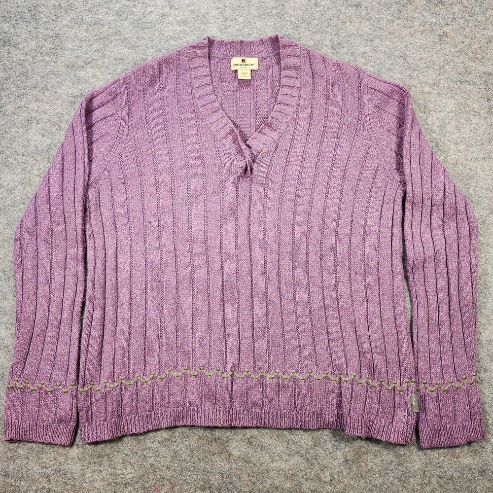 Woolrich Sweater Womens XL Purple Sage Heather Wide Ribbed Wool Cottagecore Cozy